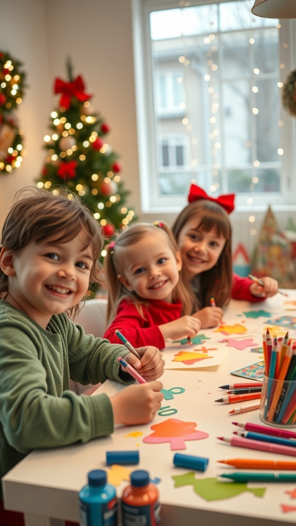 Creative Christmas Card Ideas for Kids and Toddlers Children happily making Christmas cards with paints and decorations at a festive table.